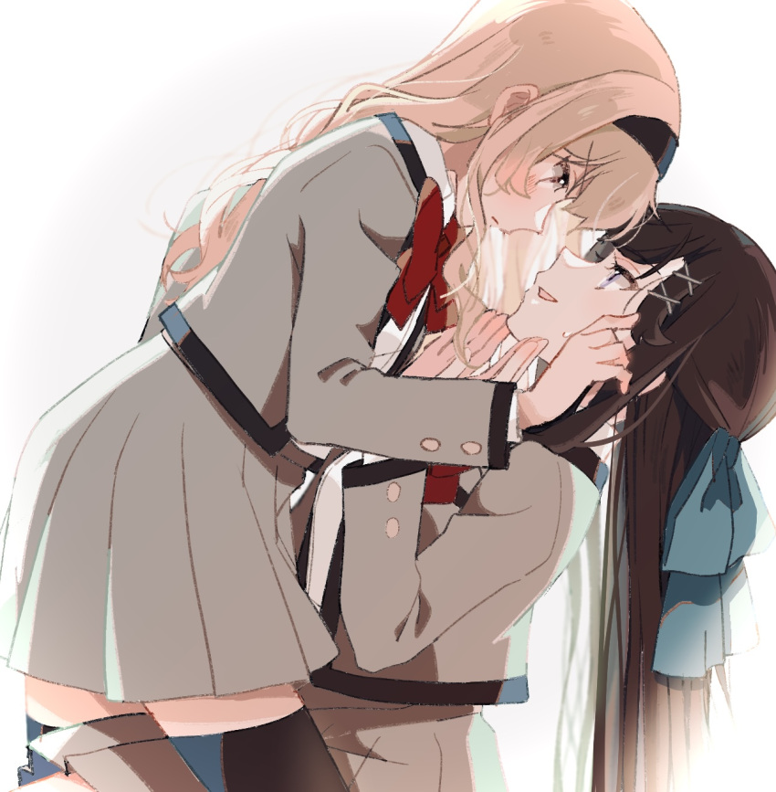 2girls backlighting bangs black_hairband black_legwear blonde_hair blue_bow blush bow bowtie brown_hair closed_mouth collared_shirt commentary_request eye_contact from_side girl_on_top grey_jacket grey_skirt hair_bow hair_ornament hairband hand_on_another's_face hands_up highres jacket kneeling long_hair long_sleeves looking_at_another multiple_girls nijiko_(c2cs4q) open_clothes open_jacket parted_lips pleated_skirt profile red_neckwear saijou_claudine school_uniform seishou_music_academy_uniform shirt shirt_tucked_in shoujo_kageki_revue_starlight simple_background sitting skirt smile sweatdrop tendou_maya thigh-highs violet_eyes white_background white_shirt x_hair_ornament yuri