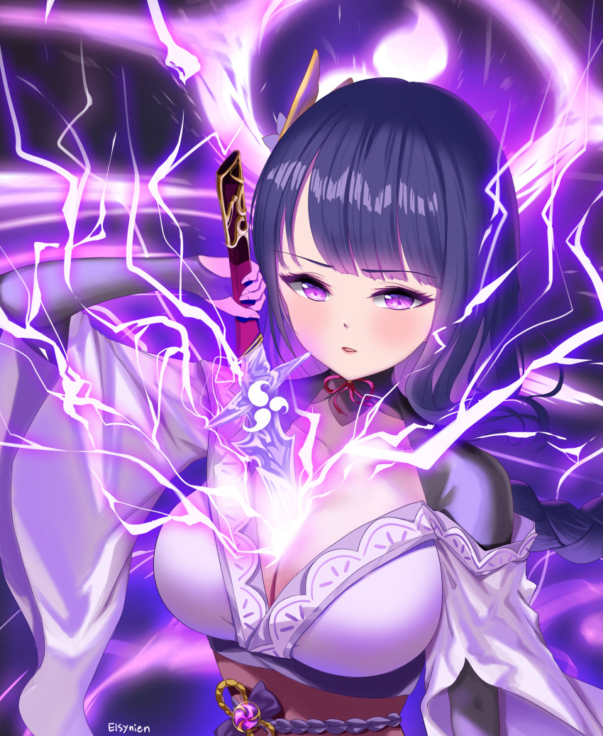 1girl absurdres bangs blunt_bangs braid collarbone commentary english_commentary eyebrows_visible_through_hair genshin_impact hair_ornament highres holding holding_sword holding_weapon japanese_clothes kyo_(user_jpfr5738) lightning long_hair long_sleeves looking_at_viewer low_ponytail mole mole_under_eye obi purple_hair raiden_(genshin_impact) sash sidelocks single_braid solo sword violet_eyes vision_(genshin_impact) weapon wide_sleeves