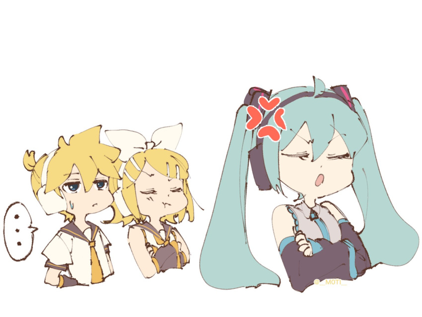 ... 1boy 2girls :t anger_vein angry aqua_hair aqua_neckwear bangs bare_shoulders black_sleeves blonde_hair blue_eyes chibi collar commentary cropped_torso crossed_arms detached_sleeves grey_collar grey_shirt grey_sleeves hair_ornament hairclip hatsune_miku headphones highres kagamine_len kagamine_rin long_hair m0ti multiple_girls necktie open_mouth pout shirt short_hair short_ponytail short_sleeves sketch sleeveless sleeveless_shirt speech_bubble spiky_hair spoken_ellipsis sweat swept_bangs twintails upper_body v-shaped_eyebrows vocaloid white_background white_shirt yellow_neckwear