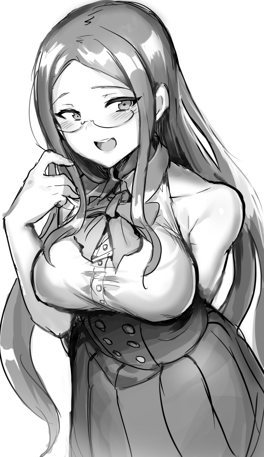 1girl :d blush bow bowtie breasts buttons dangan_ronpa_(series) dangan_ronpa_v3:_killing_harmony glasses greyscale hand_on_back highres large_breasts long_hair looking_to_the_side monochrome open_mouth shirogane_tsumugi skirt sleeveless smile suurin_(ksyaro) teeth white_background