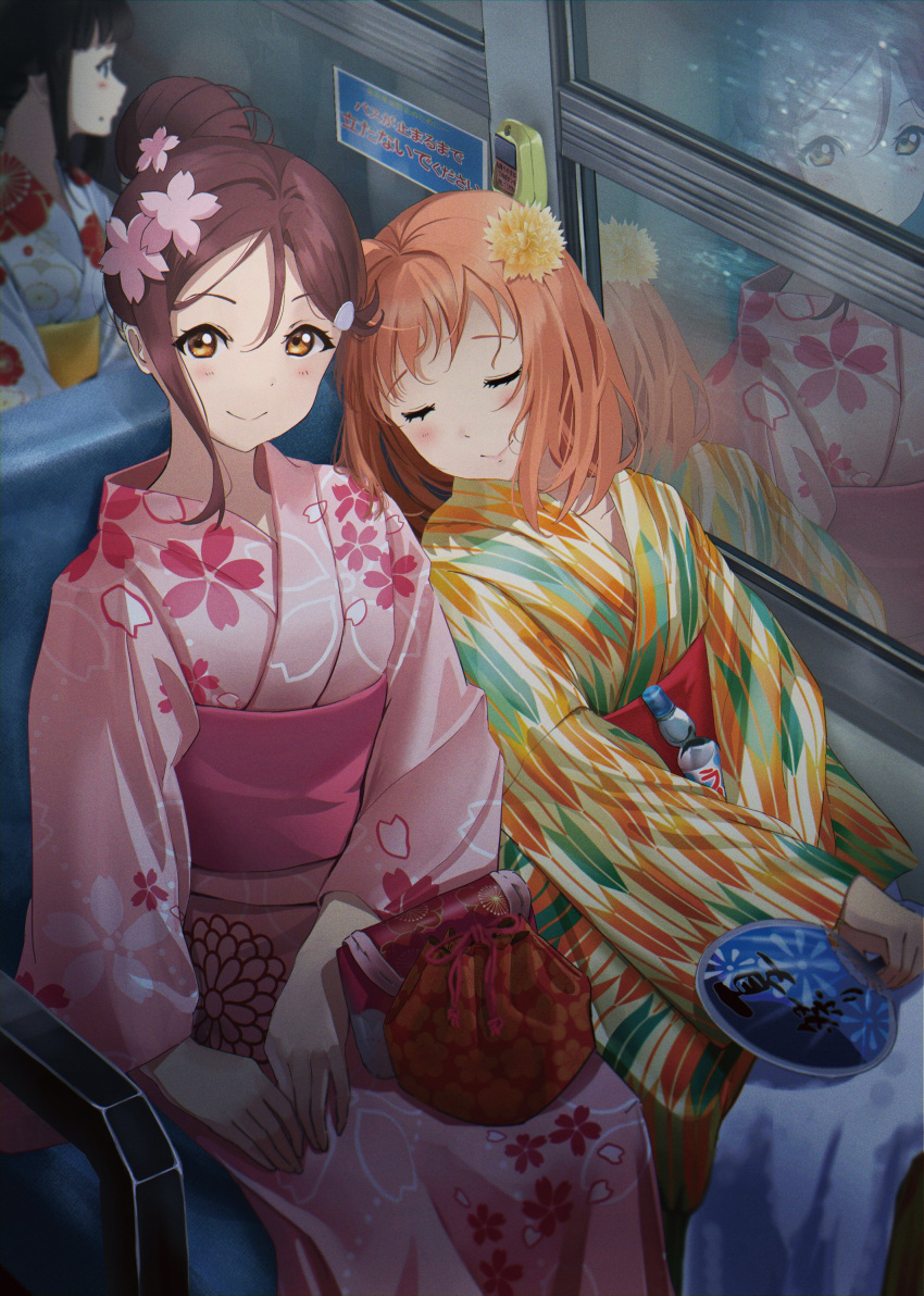 3girls absurdres bangs blush bus bus_interior cherry_blossom_print closed_mouth floral_print flower ground_vehicle hair_between_eyes hair_bun hair_flower hair_ornament hand_fan highres holding holding_fan japanese_clothes kimono kurosawa_dia looking_at_viewer love_live! love_live!_sunshine!! medium_hair moshika28 motor_vehicle multicolored multicolored_clothes multicolored_kimono multiple_girls obi orange_flower orange_hair pink_flower pink_kimono pocketbook pouch redhead reflection sakurauchi_riko sash sitting sleeping smile takami_chika window yukata