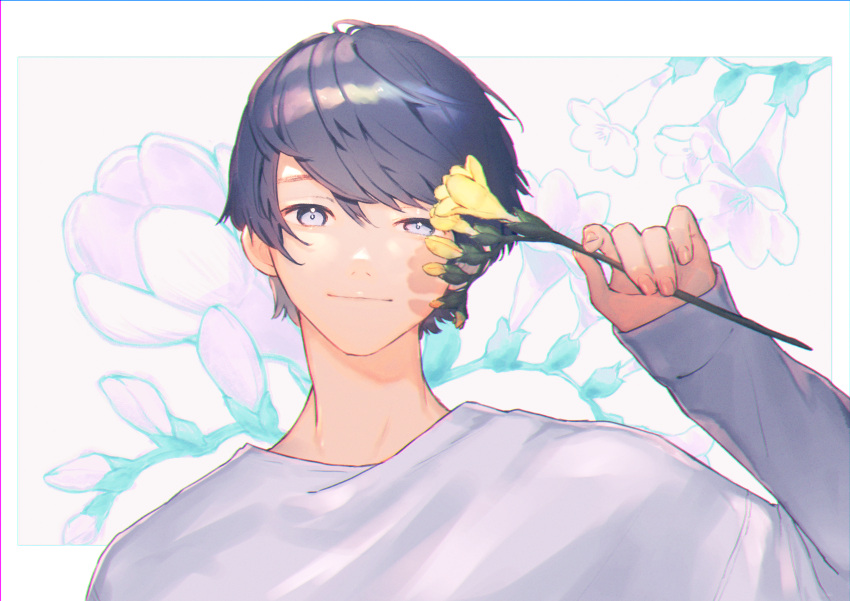 1boy absurdres black_hair commentary_request flower freesia_(flower) grey_eyes grey_shirt highres holding holding_flower kanai_(nai_nai) light_smile long_sleeves looking_at_viewer male_focus original shirt short_hair solo upper_body yellow_flower