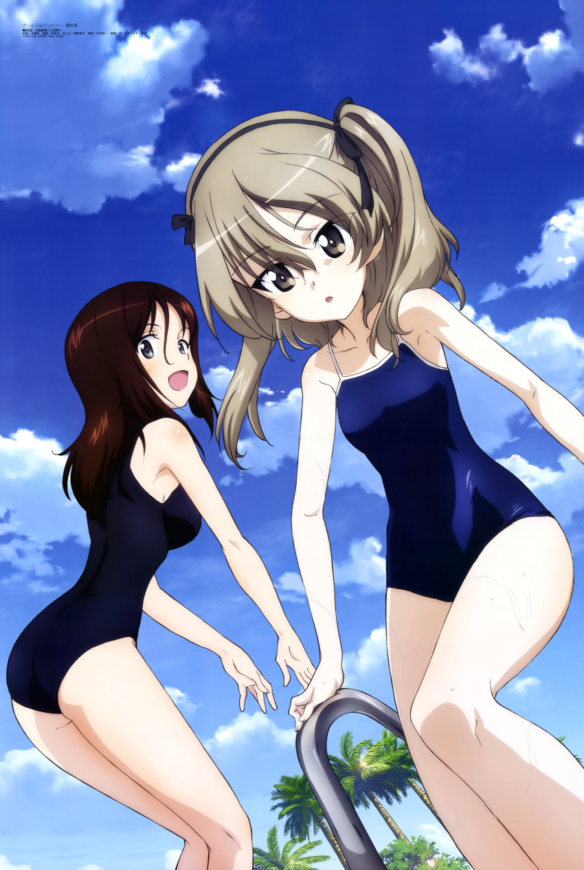 2girls :d :o absurdres ass bangs bare_shoulders black_ribbon blue_swimsuit breasts brown_eyes clouds eyebrows_visible_through_hair eyes_visible_through_hair flat_chest girls_und_panzer grey_hair hair_between_eyes hair_ribbon hairband highres looking_at_viewer magazine_scan medium_breasts megami_magazine megumi_(girls_und_panzer) multiple_girls official_art one-piece_swimsuit one_side_up open_mouth palm_tree poolside ribbon scan school_swimsuit shimada_arisu shiny shiny_hair sky smile swimsuit tree wang_guo_nian wet