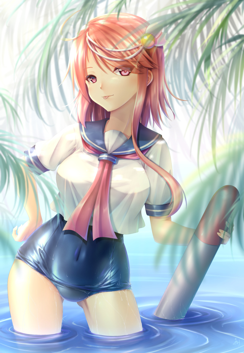 1girl :p absurdres ahoge ass_visible_through_thighs commentary_request covered_navel hair_ornament hand_on_hip highres i-58_(kancolle) kantai_collection looking_at_viewer one-piece_swimsuit palm_tree pink_hair school_swimsuit school_uniform see-through seiya_(iiseven) serafuku short_hair smile solo swimsuit swimsuit_under_clothes tongue tongue_out torpedo tree wading water wet wet_clothes