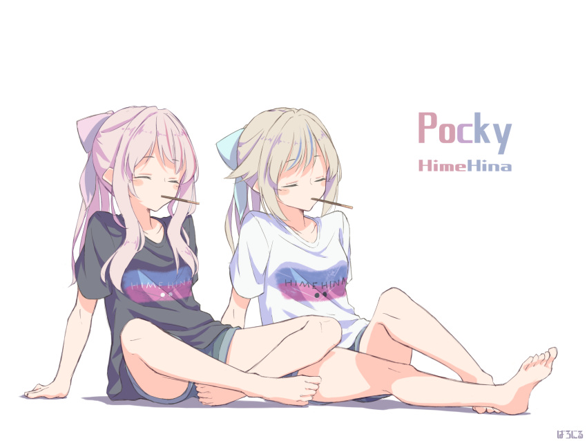 2girls alternate_costume alternate_hairstyle arm_support bare_legs barefoot baronilu blonde_hair blue_bow blush_stickers bow closed_eyes commentary_request denim denim_shorts english_text food hair_bow highres himehina_channel in_mouth indian_style multiple_girls pink_bow pink_hair pocky ponytail shirt short_shorts shorts sitting sketch suzuki_hina t-shirt tanaka_hime virtual_youtuber
