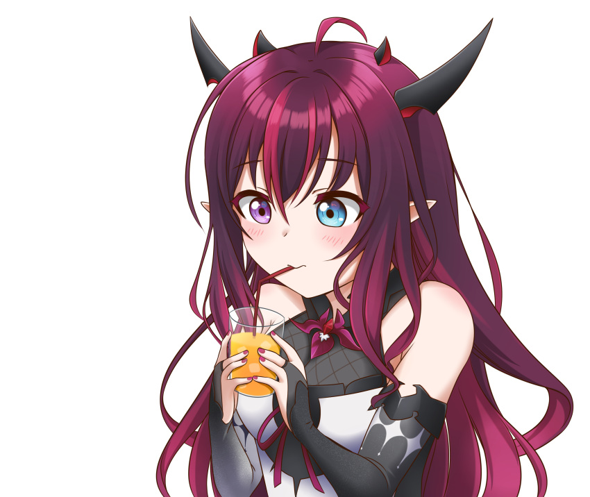 1girl absurdres bare_shoulders blue_eyes blush bridal_gauntlets cup drawing_straws drinking drinking_glass fangs fingernails heterochromia highres holding holding_cup hololive hololive_english horns irys_(hololive) jan_azure looking_at_object multicolored_hair multiple_horns nail_polish red_eyes red_nails sipping sleeveless solo violet_eyes virtual_youtuber