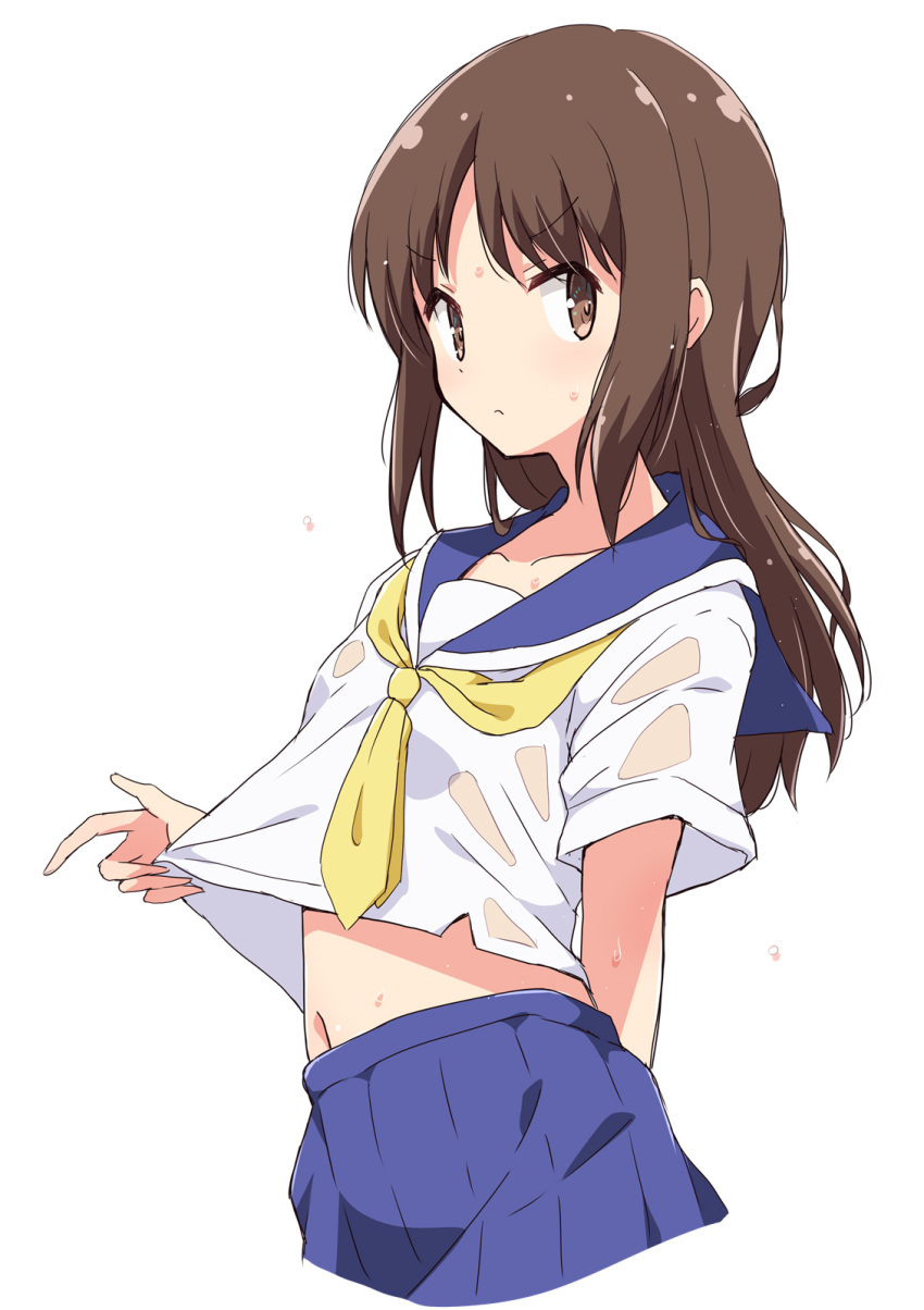 blue_skirt brown_eyes brown_hair copyright_request eyebrows_visible_through_hair highres long_hair looking_at_viewer mel_(melty_pot) midriff navel pleated_skirt school_uniform serafuku simple_background skirt wet wet_clothes white_background