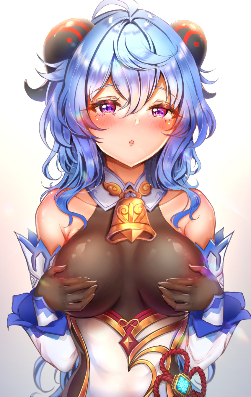 absurdres ahoge bangs bare_shoulders bell black_bodysuit blue_hair blush bodystocking bodysuit breasts collarbone covering covering_breasts cowbell detached_sleeves eyebrows_visible_through_hair ganyu_(genshin_impact) genshin_impact goat_horns gold_trim hand_on_own_chest highres horns large_breasts long_hair looking_at_viewer queencho violet_eyes vision_(genshin_impact)