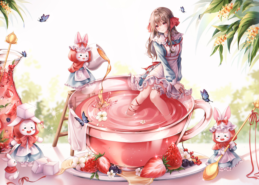 1girl absurdres animal_ears blueberry blush_stickers brown_hair cup dress flower flower_in_drink food food_focus frilled_dress frills fruit highres holding holding_spoon honey huge_filesize in_container in_cup ladder long_hair original oversized_object pippin_sol pitcher plate pouring rabbit rabbit_ears red_eyes red_ribbon ribbon sitting spoon straight_hair strawberry stuffed_animal stuffed_bunny stuffed_toy sugar_cube tea teacup white_flower