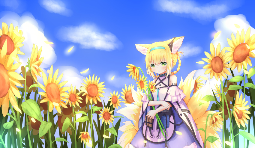1girl absurdres animal_ears arknights bangs blonde_hair blue_sky braid clouds cloudy_sky commentary_request detached_sleeves eyebrows_visible_through_hair flower fox_ears fox_girl fox_tail green_eyes hairband highres huge_filesize kyuubi long_hair looking_at_viewer multiple_tails n_(527959851) sidelocks sky smile solo sunflower suzuran_(arknights) tail twin_braids