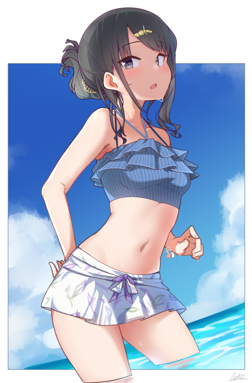 azu_ankoowl bare_shoulders bikini bikini_skirt black_hair blue_eyes blue_sky clouds commentary_request day dutch_angle hair_ornament hairclip halter_top halterneck highres idolmaster idolmaster_shiny_colors kazano_hiori looking_at_viewer microskirt mole mole_under_mouth navel ocean_bottom outdoors skirt sky swimsuit tied_hair