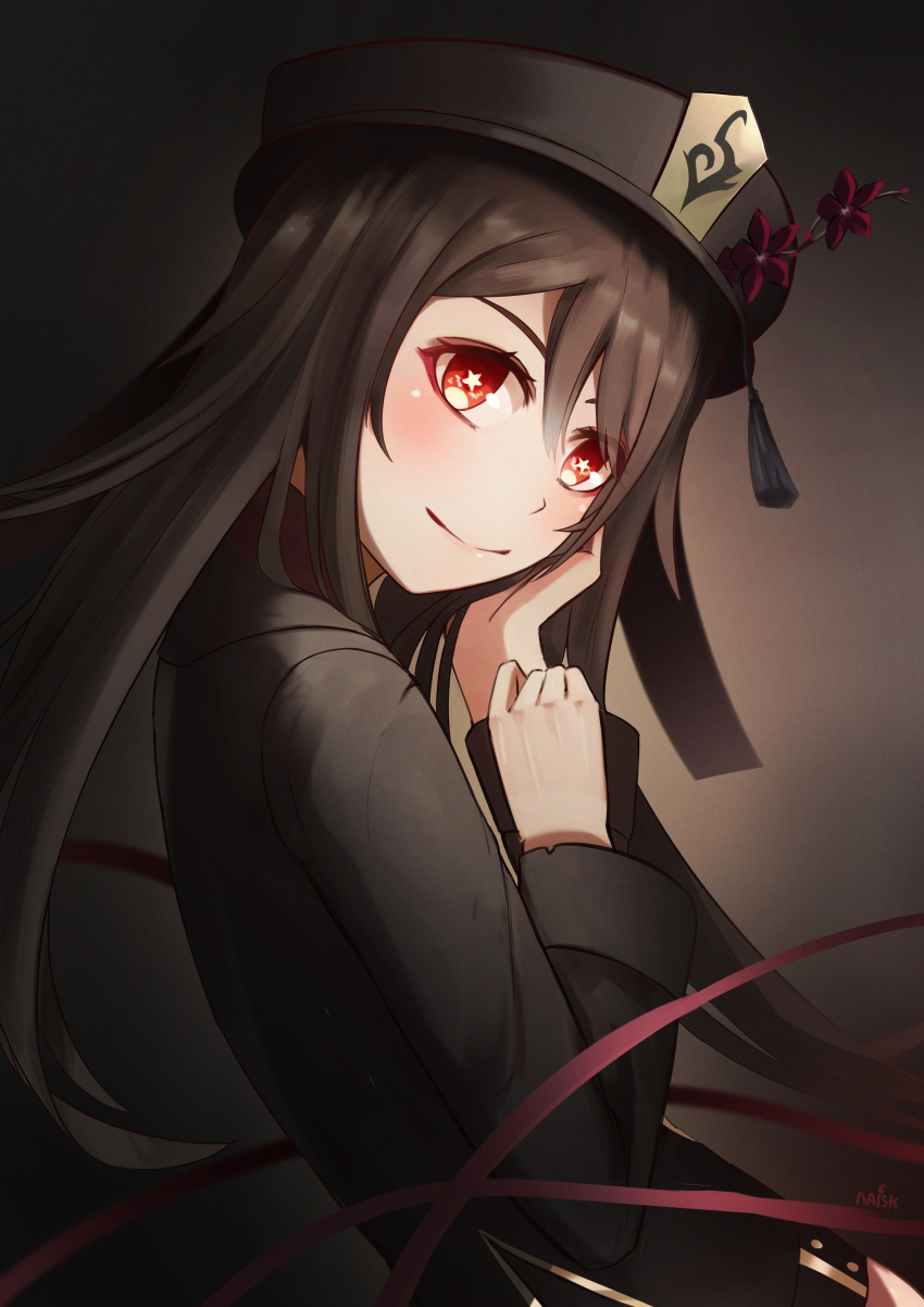 1girl absurdres black_background black_hair blush commentary_request eyebrows_visible_through_hair flower from_side genshin_impact hair_between_eyes hand_on_own_cheek hand_on_own_face hat hat_flower hat_ornament head_tilt highres hu_tao_(genshin_impact) long_hair long_sleeves looking_at_viewer looking_to_the_side naisk red_eyes sidelocks simple_background smile solo symbol-shaped_pupils twintails