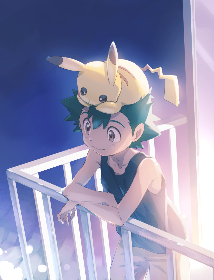 1boy against_fence ameiro_pk ash_ketchum bangs bare_arms black_shirt brown_eyes closed_mouth commentary fence gen_1_pokemon green_hair hair_between_eyes highres leaning_forward male_focus on_head pants pikachu pokemon pokemon_(anime) pokemon_(creature) pokemon_on_head shirt short_hair sleeveless sleeveless_shirt smile standing tank_top