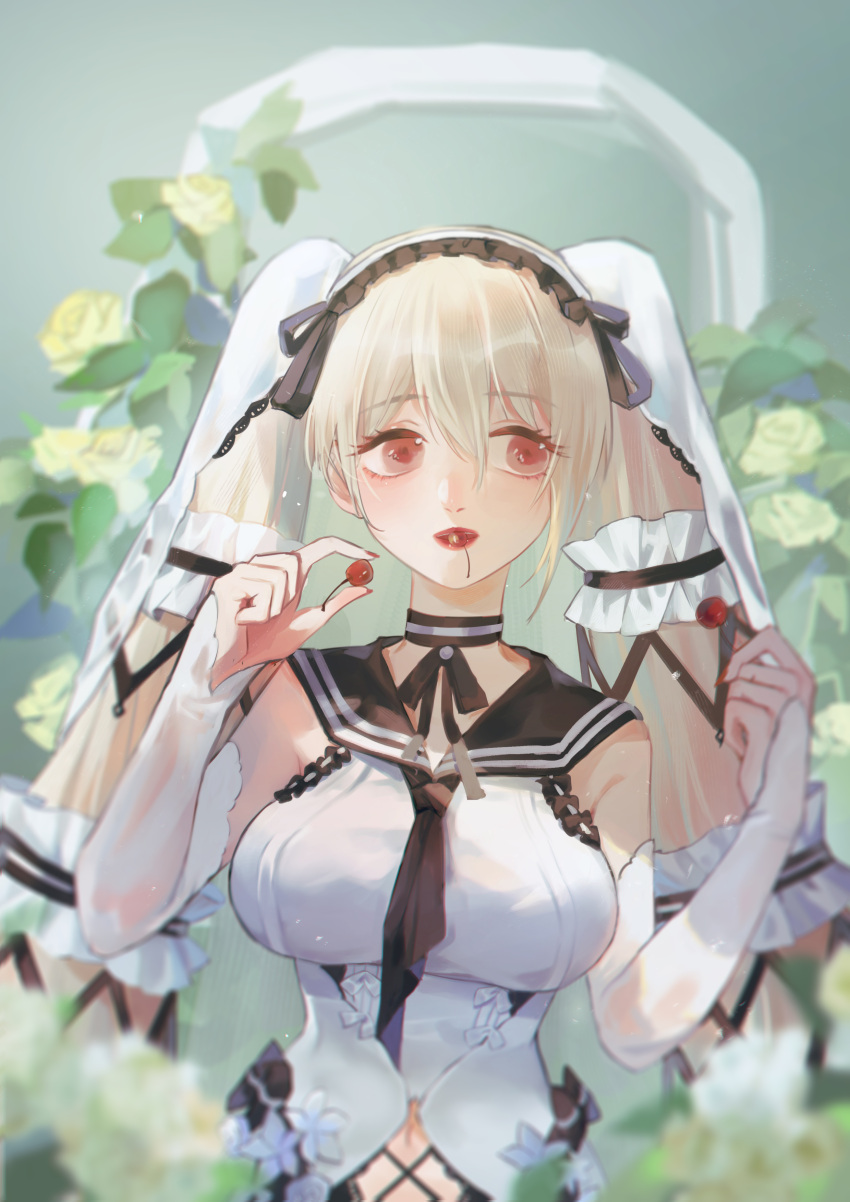 1girl absurdres azur_lane black_choker black_neckwear black_sailor_collar blonde_hair bow_dress breasts cherry choker clothing_cutout detached_sleeves dress eyebrows_visible_through_hair feather_dress flower food formidable_(azur_lane) formidable_(timeless_classics)_(azur_lane) frilled_hairband frills fruit hair_between_eyes hair_ornament hairband highres large_breasts long_hair looking_to_the_side navel_cutout official_alternate_costume red_eyes rose ryomiesaki sailor_collar solo twintails two-tone_dress two-tone_ribbon veil very_long_hair white_dress white_flower white_rose