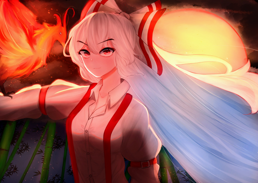 bamboo bow buttons collared_shirt fire fujiwara_no_mokou hair_bow highres huyboo long_hair long_sleeves md5_mismatch pants red_eyes red_pants ribbon shirt silver_hair touhou very_long_hair white_hair white_shirt