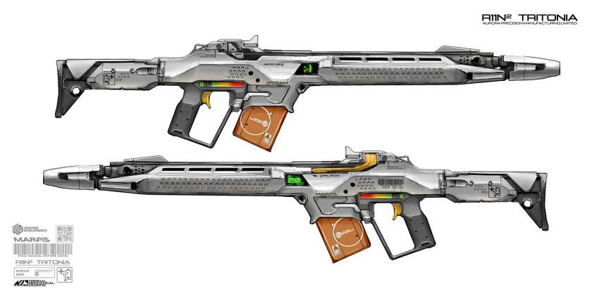 asterozoa battle_rifle energy_gun english_commentary english_text gun highres magazine_(weapon) no_humans original rifle science_fiction trigger weapon weapon_sheet white_background