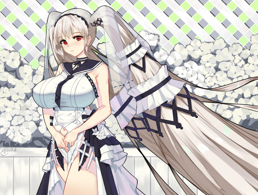 1girl 47_hard absurdly_long_hair artist_name azur_lane black_choker black_neckwear black_sailor_collar bow_dress breasts choker clothing_cutout dress feather_dress flower formidable_(azur_lane) formidable_(timeless_classics)_(azur_lane) highres huge_breasts light_brown_hair long_hair looking_at_viewer navel_cutout official_alternate_costume red_eyes sailor_collar sleeveless sleeveless_dress solo twintails two-tone_dress two-tone_ribbon veil very_long_hair white_dress white_flower