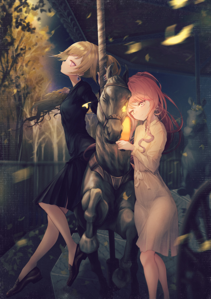 2girls absurdres amusement_park bangs black_dress blonde_hair blue_nails braid braided_ponytail carousel closed_mouth commentary_request dress earrings falling_leaves fugutai_ten glowing glowing_eyes glowstick highres himehina_channel horse_statue huge_filesize jewelry leaf light_smile loafers long_hair looking_at_another multiple_girls nail_polish night outdoors pink_hair ponytail shoes sidelocks suzuki_hina tanaka_hime tree virtual_youtuber white_dress