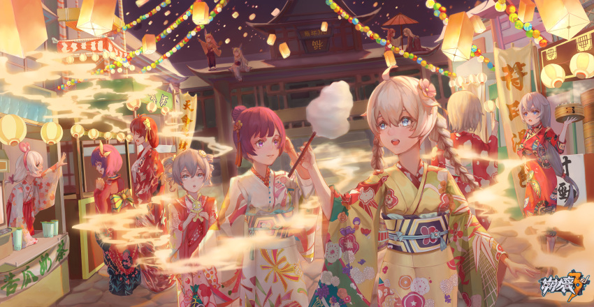 6+girls :o absurdres antenna_hair architecture bangs braid bronya_zaychik chinese_new_year closed_mouth cotton_candy drill_hair east_asian_architecture feeding festival food fu_hua full_body hair_between_eyes hair_ornament highres holding holding_food honkai_(series) honkai_impact_3rd huge_filesize japanese_clothes kallen_kaslana kiana_kaslana kimono lantern liliya_olenyeva long_hair multiple_girls murata_himeko night night_sky open_mouth outdoors ponytail raiden_mei red_kimono rita_rossweisse rozaliya_olenyeva seele_vollerei shop short_hair sitting sky smoke standing temple ten-u theresa_apocalypse tray twin_braids twin_drills white_kimono yae_sakura yellow_kimono