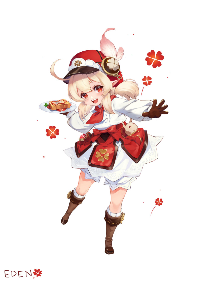 1girl :d absurdres ahoge bangs bloomers brown_footwear brown_gloves cabbie_hat chef_uniform clover_print commentary dodoco_(genshin_impact) eden_(shiroki_yuutsu) eyebrows_visible_through_hair flower food full_body genshin_impact gloves hair_between_eyes hat hat_flower hat_ornament highres klee_(genshin_impact) kneehighs knees light_brown_hair long_hair looking_at_viewer low_twintails open_mouth plate pocket pointy_ears red_eyes red_headwear sidelocks simple_background smile solo standing standing_on_one_leg toast twintails underwear white_background