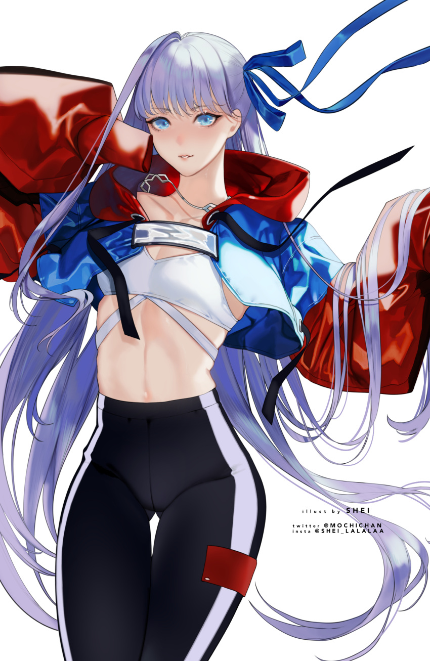 1girl absurdres bangs black_pants blue_eyes blue_jacket blue_ribbon blush breasts cropped_jacket fate/extra fate/extra_ccc fate/grand_order fate_(series) hair_ribbon heroic_spirit_tour_outfit highres jacket jewelry long_hair long_sleeves looking_at_viewer meltryllis_(fate) navel necklace pants purple_hair ribbon shei99 sleeves_past_fingers sleeves_past_wrists small_breasts smile solo very_long_hair