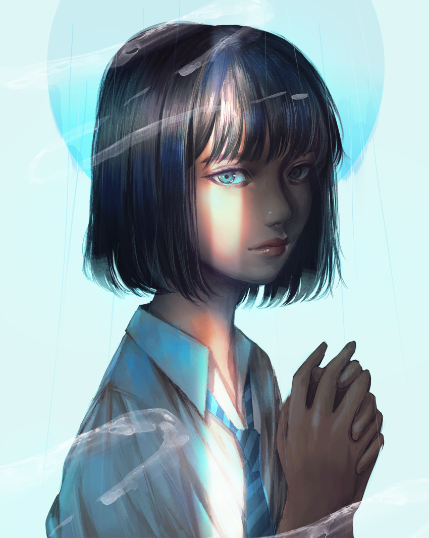 1girl blue_eyes blue_hair blue_neckwear blue_shirt bob_cut closed_mouth collared_shirt from_side hands_up highres looking_at_viewer looking_to_the_side medium_hair necktie original own_hands_together shirt solo striped striped_neckwear upper_body wataboku wing_collar