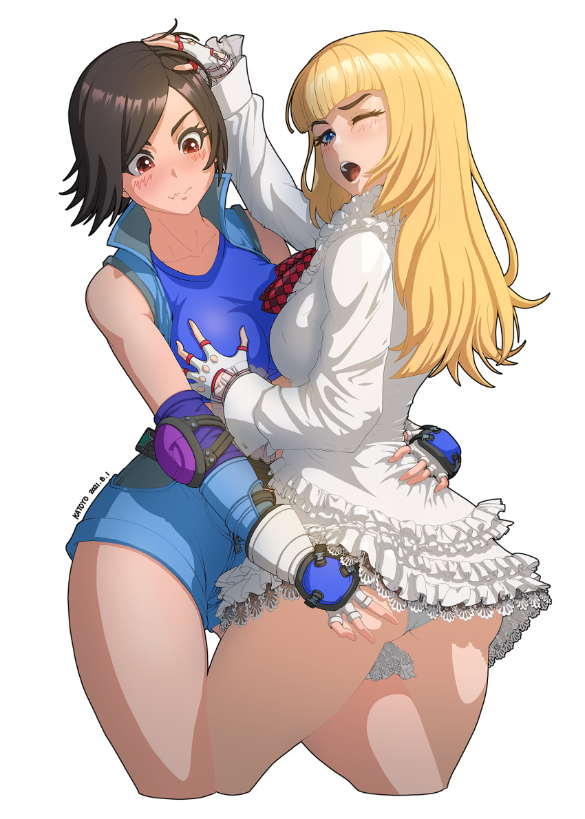 2girls arm_around_waist ass ass_grab blonde_hair blue_eyes breast_grab brown_eyes brown_hair cropped_legs dress elbow_pads fingerless_gloves frilled_dress frills gloves grabbing groping hand_on_another's_head highres katoyo85 kazama_asuka lili_(tekken) multiple_girls one_eye_closed open_mouth panties pantyshot short_dress short_hair simple_background tekken underwear yuri