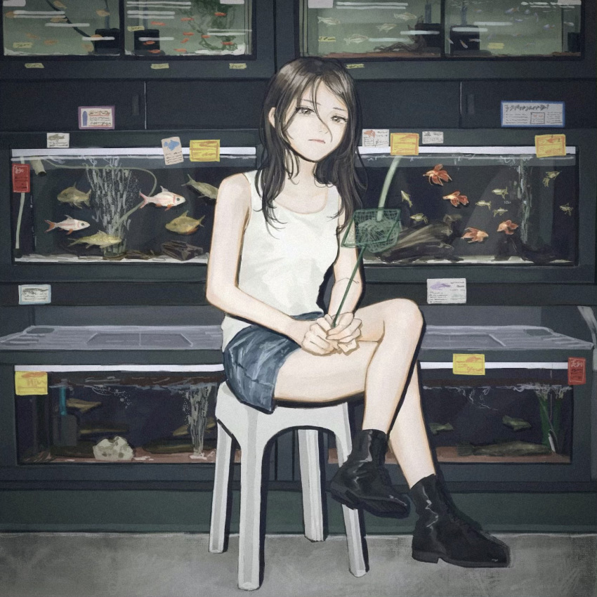 1girl bare_shoulders black_footwear boots brown_eyes brown_hair closed_mouth denim denim_shorts fish fish_tank hands_together highres holding indoors long_hair looking_at_viewer net original shirt shoes shorts sitting sleeveless solo stool tank_top utsuwa0120 white_shirt white_tank_top