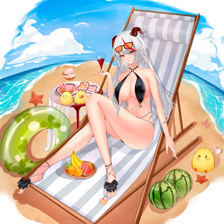 &gt;_o 1girl absurdres aegir_(azur_lane) alternate_costume azur_lane banana beach bikini black_bikini black_bow blue_sky bow breast_curtains breasts cake cake_slice cup demon_horns eating eyewear_on_head food fruit full_body green_innertube hair_on_horn highres holding holding_cup horns large_breasts legs long_hair looking_at_viewer manjuu_(azur_lane) multicolored_hair nye1o7 o-ring o-ring_top one_eye_closed orange-tinted_eyewear orange_(food) pearl_(gemstone) redhead round_table sand silver_hair sky solo streaked_hair swimsuit two-tone_hair water watermelon yellow_eyes