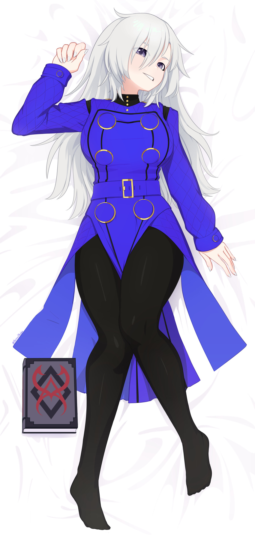 1girl absurdres black_legwear blue_dress book breasts buttons commission cosplay dakimakura_(medium) double-breasted dress fingernails full_body hair_between_eyes highres knees_together_feet_apart large_breasts long_hair long_sleeves looking_at_viewer lying margaret_(persona) margaret_(persona)_(cosplay) nail_polish on_back pantyhose persona persona_4 smile solo violet_eyes white_hair white_nails yoako