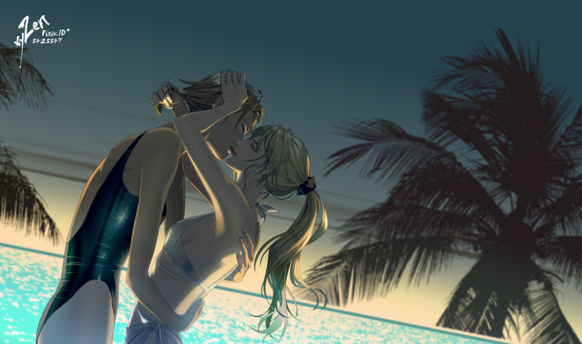 2girls blonde_hair brown_hair closed_eyes commentary competition_swimsuit ear_piercing imminent_kiss long_hair multiple_girls one-piece_swimsuit original parted_lips piercing pixiv_id ponytail scrunchie short_hair sky swimsuit water yuri zxlai