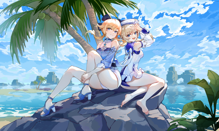 2girls absurdres barbara_(genshin_impact) barbara_(summertime_sparkle)_(genshin_impact) bare_shoulders barefoot beach blonde_hair blouse blue_blouse blue_eyes blue_sky bow coconut_tree drill_hair feet frilled_skirt frills full_body genshin_impact hair_bow hat high_heels highres jean_(genshin_impact) jean_(sea_breeze_dandelion)_(genshin_impact) legs long_sleeves multiple_girls ocean open_mouth outdoors palm_tree ponytail rock sailor_collar sailor_hat shorts siblings sisters sitting skirt sky smile soles swimsuit toes tree twin_drills twintails white_shorts wucanming