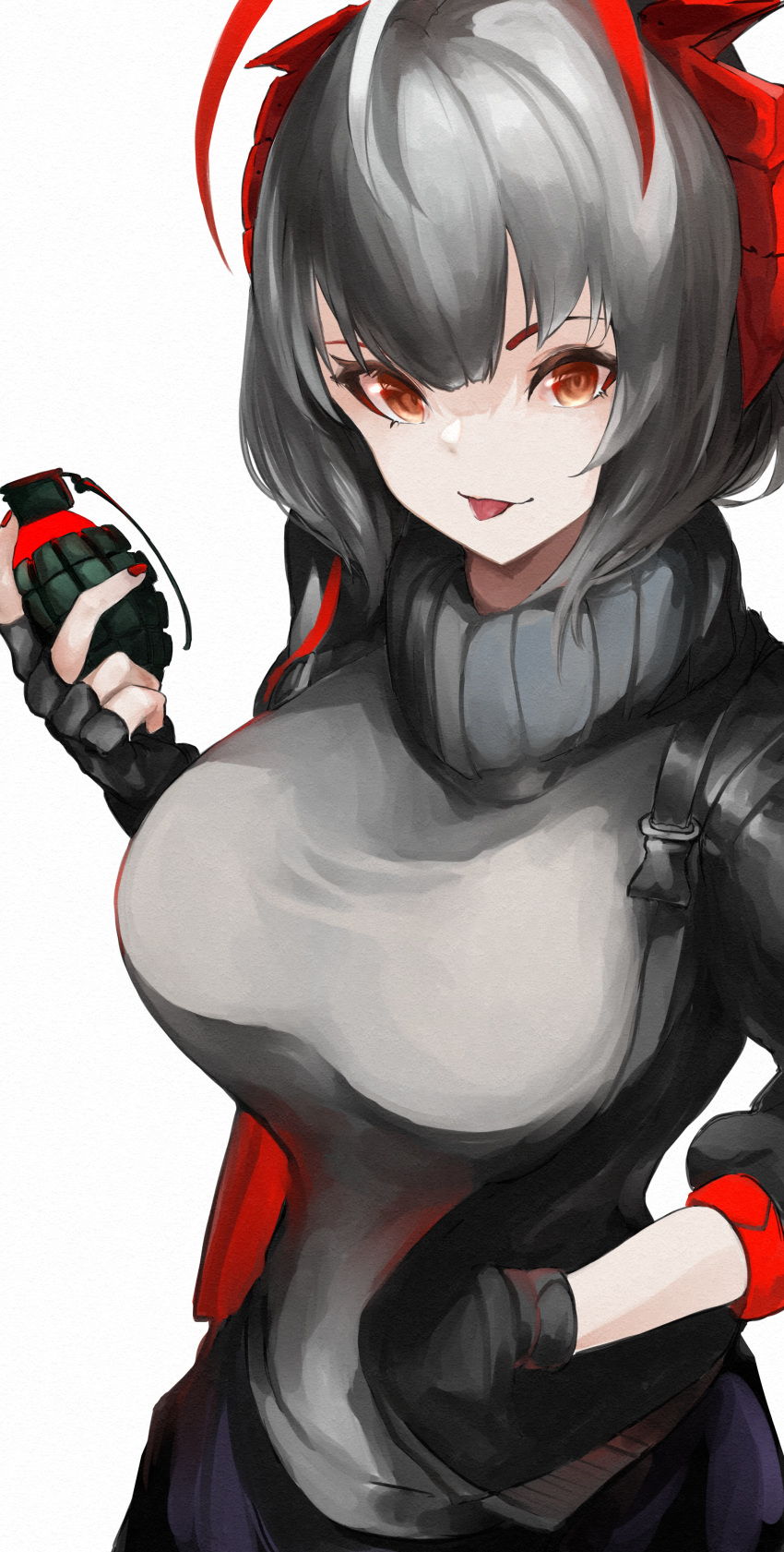 1girl absurdres antennae arknights black_jacket black_scarf breasts eyebrows eyebrows_behind_hair fingerless_gloves gloves grenade_launcher grey_shirt hair_between_eyes highres holding holding_remote_control horns jacket kajuu large_breasts looking_at_viewer open_clothes open_jacket open_mouth red_eyes red_nails scarf shirt short_hair simple_background tongue tongue_out w_(arknights) weapon