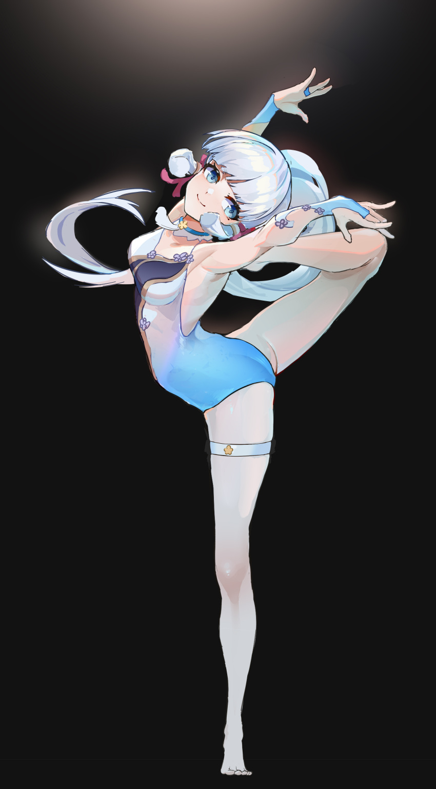 1girl absurdres armpits arms_up ballerina bangs black_background blue_eyes blue_hair blunt_bangs dancing feet fingerless_gloves flexible full_body genshin_impact gloves highres kamisato_ayaka leg_up legs leotard long_hair looking_at_viewer pantyhose ponytail simple_background smile thighs white_legwear wucanming