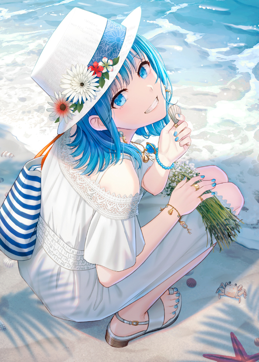 1girl animal bag bangs beach blue_eyes blue_hair blue_nails commentary crab dress eyebrows_visible_through_hair flower from_above from_behind grin hat hat_flower highres holding hyuuga_azuri looking_at_viewer looking_up nail_polish off-shoulder_dress off_shoulder original red_flower sand sandals seashell shell short_sleeves smile solo squatting starfish symbol_commentary toenail_polish toenails water white_dress white_flower white_footwear white_headwear