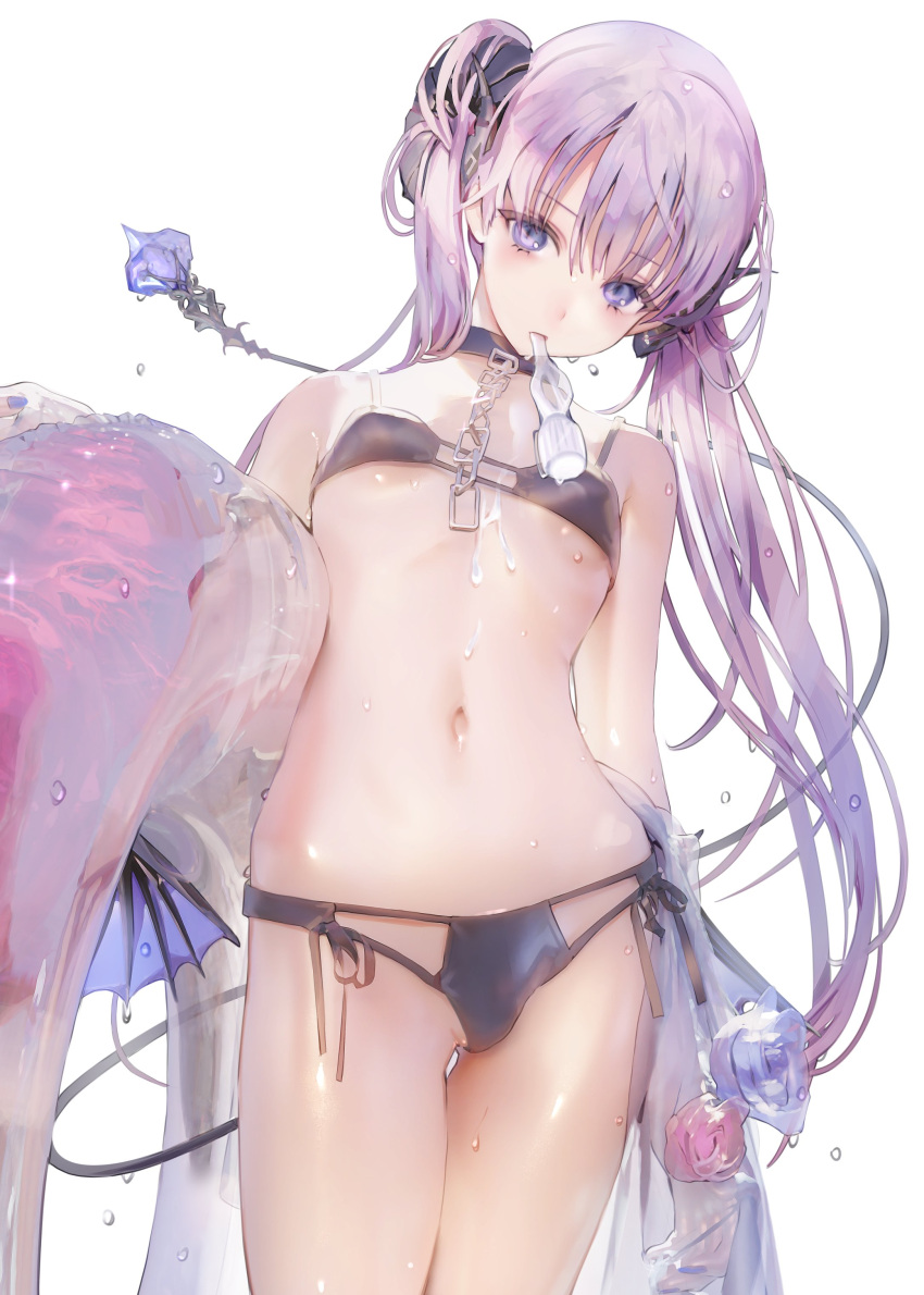 1girl absurdres bikini black_bikini black_choker breasts chain choker commentary_request highres iijima_masashi long_hair looking_at_viewer mouth_hold navel original purple_hair simple_background small_breasts solo swimsuit thighs twintails very_long_hair violet_eyes wet white_background