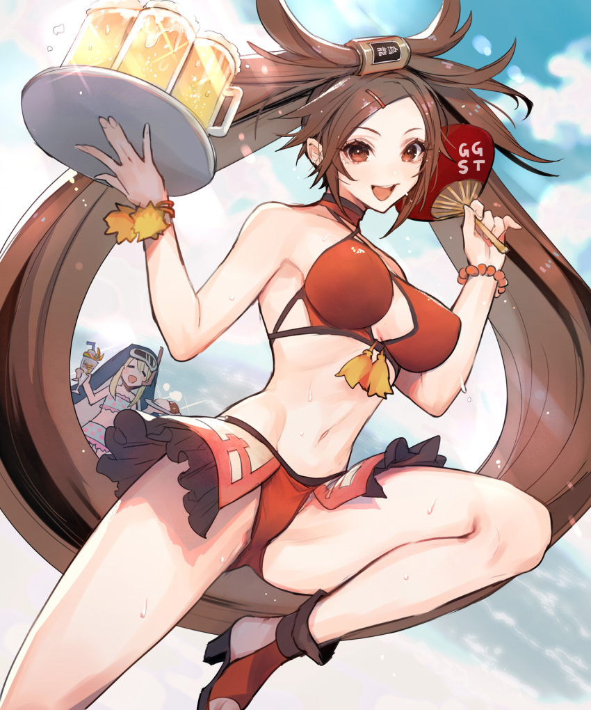 1boy 1girl alcohol bare_legs beer bikini bikini_skirt bikini_top breasts bridget_(guilty_gear) brown_eyes brown_hair curry curry_rice drink food guilty_gear habit hair_ornament hair_ring hairclip hand_fan high_heels highres ice_cream kuradoberi_jam large_breasts long_hair looking_at_viewer midriff navel ocean open_mouth oro_(sumakaita) rice stomach sundae swimsuit thighs twintails wet wet_clothes