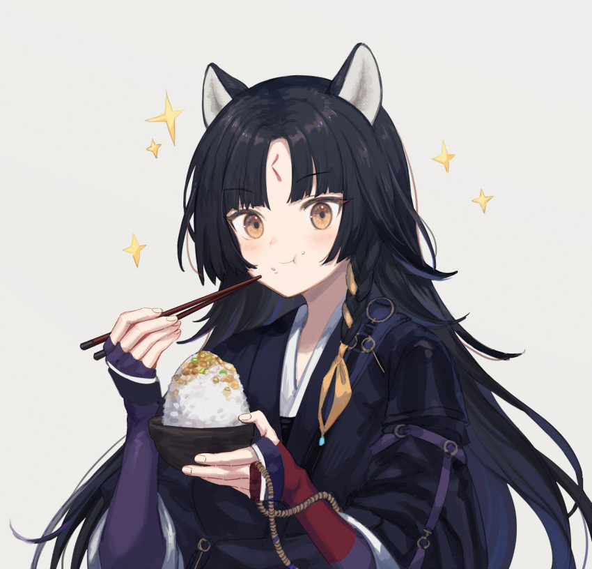 1girl :t animal_ears arknights blush bowl brown_eyes chopsticks dog_ears eating elbow_gloves facial_mark fingerless_gloves food food_on_face forehead_mark gloves highres holding holding_chopsticks japanese_clothes long_hair looking_at_viewer purple_gloves purple_shirt rice rice_bowl saga_(arknights) shirt solo spacelongcat sparkle