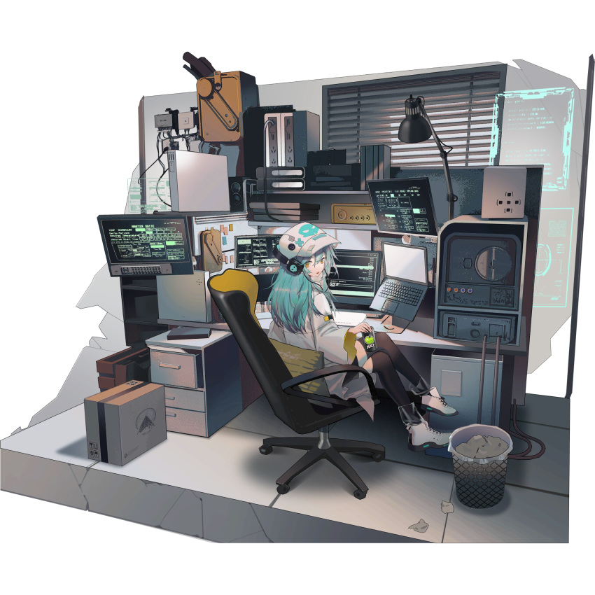 1girl antonina_(girls_frontline_nc) aqua_hair baseball_cap box can cardboard_box chair computer crossed_legs desk full_body girls_frontline girls_frontline_neural_cloud hair_between_eyes hat headphones highres jacket laptop long_hair looking_at_viewer monitor official_art on_chair shoes sitting skull_print sneakers soda_can solo thigh-highs transparent_background trash_can white_headwear white_jacket yellow_eyes