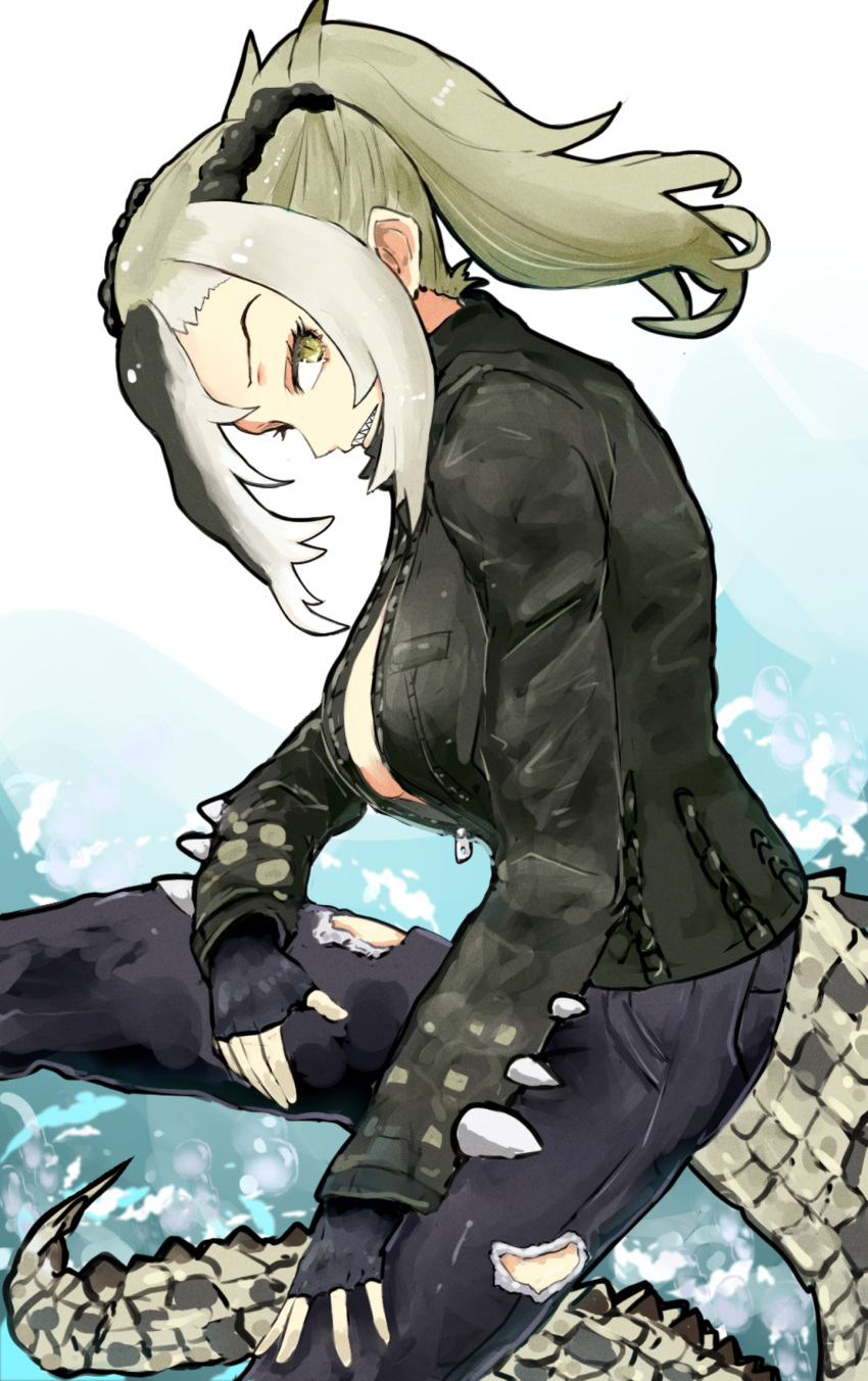 1girl adeshi_(adeshi0693119) arm_rest asymmetrical_hair black_gloves black_pants braid breasts clenched_teeth crocodilian_tail denim fingerless_gloves french_braid from_side gloves green_eyes green_hair green_jacket grey_hair hand_on_own_knee high_ponytail highres jacket jeans kemono_friends large_breasts leaning_forward long_hair long_sleeves looking_at_viewer multicolored_hair no_bra pants partially_unzipped saltwater_crocodile_(kemono_friends) sharp_teeth sitting slit_pupils solo spikes tail teeth torn_clothes torn_jeans torn_pants zipper zipper_pull_tab