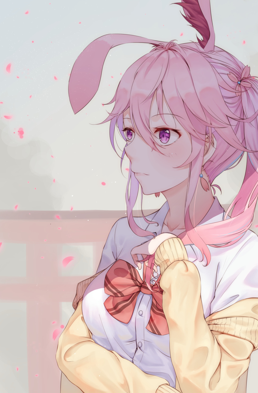 1girl animal_ears bangs earrings fox_ears grey_sky hair_between_eyes highres honkai_(series) honkai_impact_3rd jacket jewelry long_hair long_sleeves looking_to_the_side outdoors petals pink_eyes pink_hair polo_shirt ponytail school_uniform shirt white_shirt yae_sakura ye_zi_you_bei_jiao_ju_ge yellow_jacket