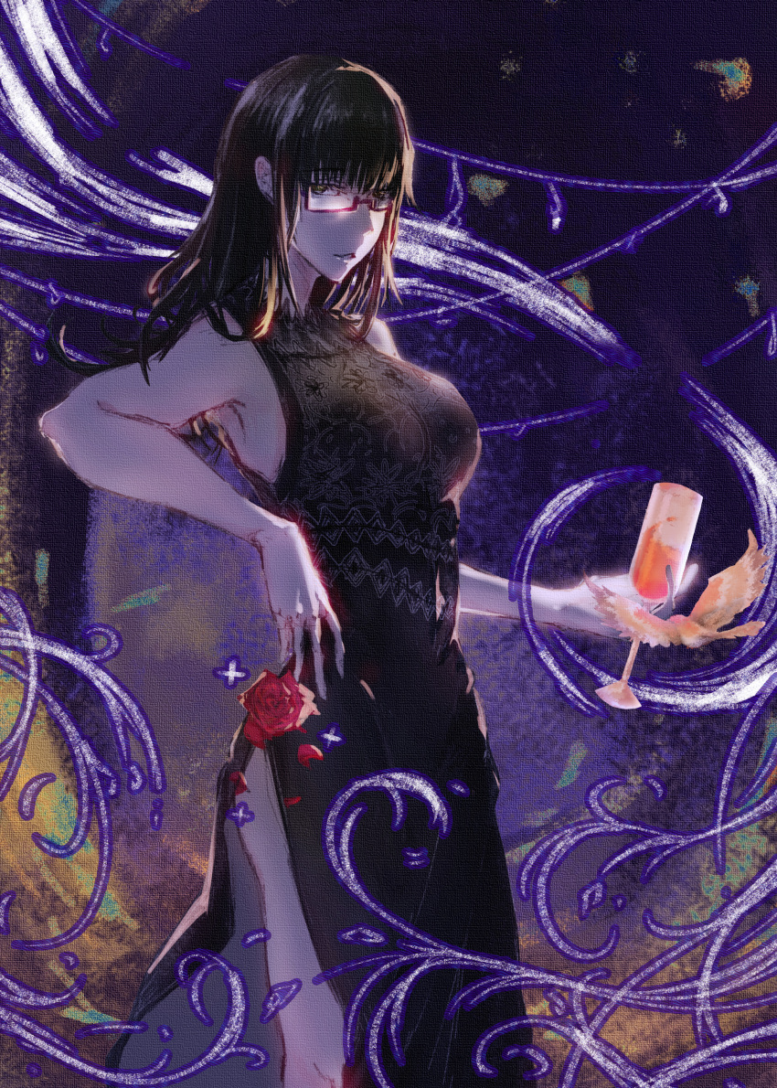 1girl absurdres bangs bare_legs breasts china_dress chinese_clothes closed_mouth dress formal glasses green_hair hair_ornament highres jujutsu_kaisen kannani2 large_breasts long_hair looking_at_viewer solo zen'in_maki