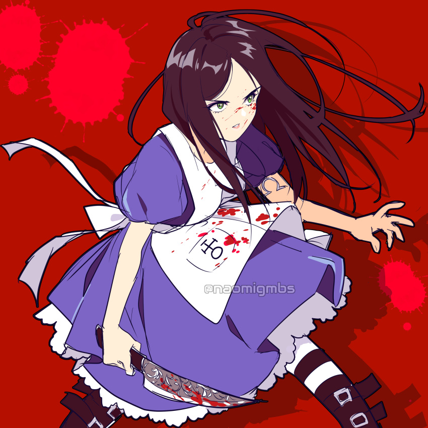 1girl absurdres alice:_madness_returns alice_(alice_in_wonderland) american_mcgee's_alice apron black_hair blood boots breasts dress green_eyes highres jewelry jupiter_symbol knife long_hair naomig necklace pantyhose puffy_sleeves solo striped striped_legwear