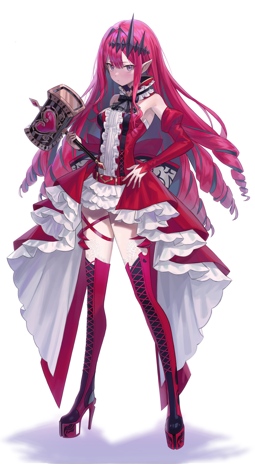 1girl absurdres armpits bare_shoulders belt boots bow bowtie breasts center_frills choker closed_mouth detached_sleeves dress expressionless fairy_knight_tristan_(fate) fate/grand_order fate_(series) frilled_dress frills full_body fuwawa_(fuwawa617) hair_intakes hair_ornament hammer hand_on_hip high_heel_boots high_heels highres holding juliet_sleeves long_sleeves miniskirt pointy_ears puffy_sleeves red_dress red_footwear sidelocks simple_background skirt small_breasts solo standing tailcoat thigh-highs thigh_boots white_background white_legwear white_skirt zettai_ryouiki