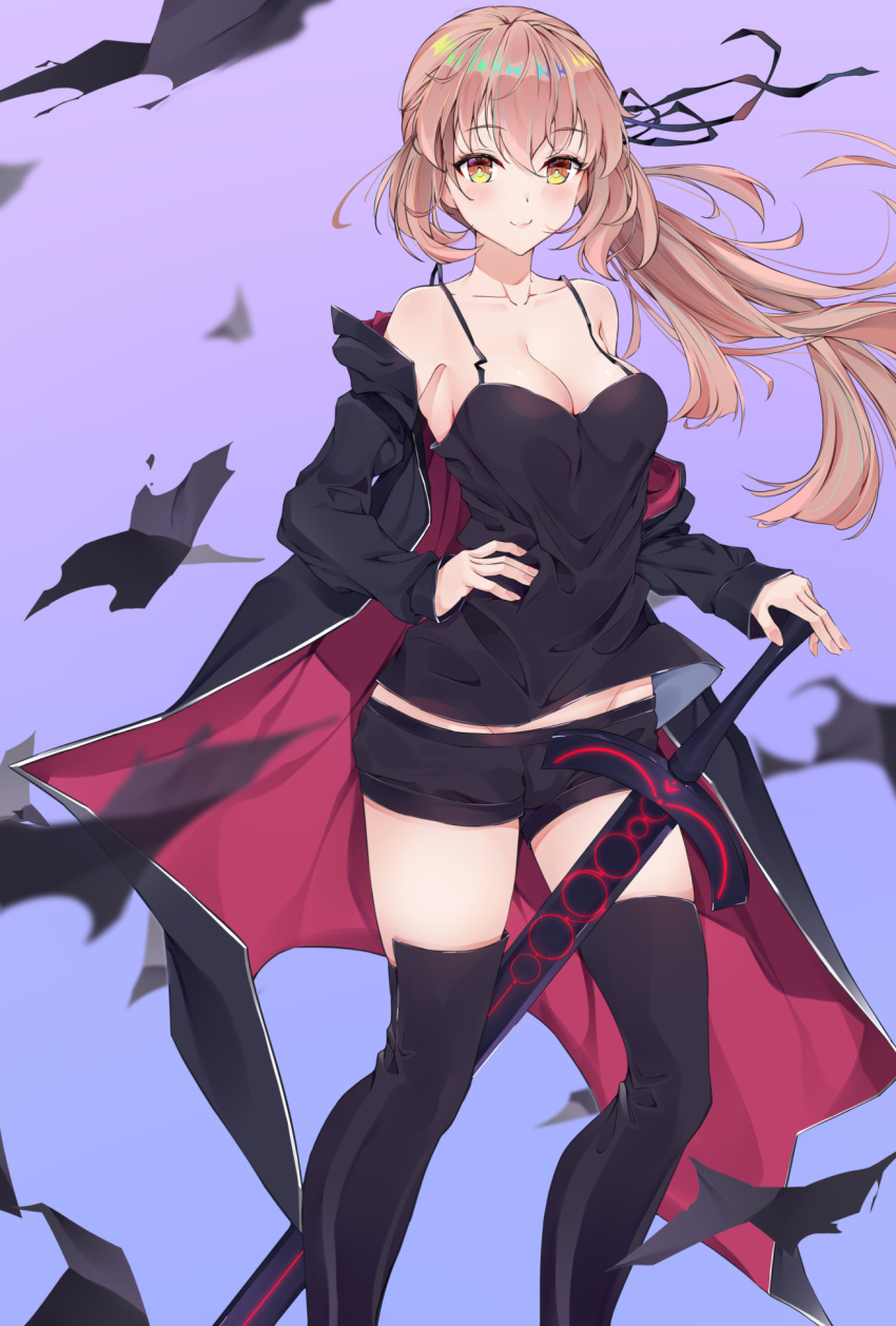 1girl alternate_costume artoria_pendragon_(all) bangs bare_shoulders black_jacket black_legwear black_ribbon black_shirt black_shorts blonde_hair blush breasts closed_mouth collarbone commentary cqingwei english_commentary excalibur_morgan_(fate) eyebrows_visible_through_hair fate/grand_order fate_(series) floating_hair hair_between_eyes hair_ribbon hand_on_hip highres holding holding_sword holding_weapon jacket jacket_partially_removed jet_black_king_of_knights_ver._shinjuku_1999 lips long_hair long_sleeves looking_at_viewer medium_breasts official_alternate_costume open_clothes open_jacket ponytail ribbon saber_alter shirt short_shorts shorts sidelocks sleeveless sleeveless_shirt smile solo sword thigh-highs weapon yellow_eyes