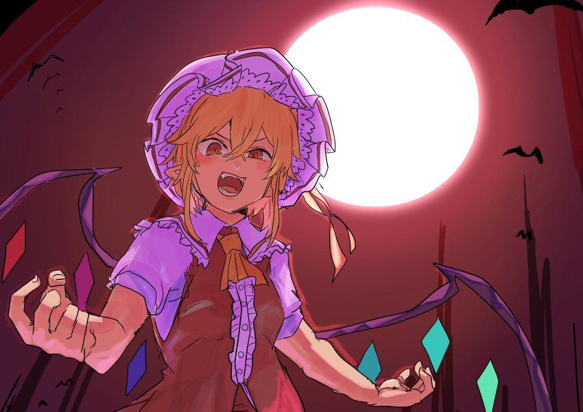 1girl 3735geriragouki :d absurdres ascot bangs bat blonde_hair blush center_frills commentary_request crossed_bangs crystal evil_smile flandre_scarlet foreshortening frilled_shirt_collar frills from_below full_moon hair_between_eyes hat highres looking_at_viewer mob_cap moon night night_sky open_mouth pointy_ears red_eyes red_vest sidelocks sky smile solo teeth touhou upper_body v-shaped_eyebrows vest white_headwear wings yellow_neckwear