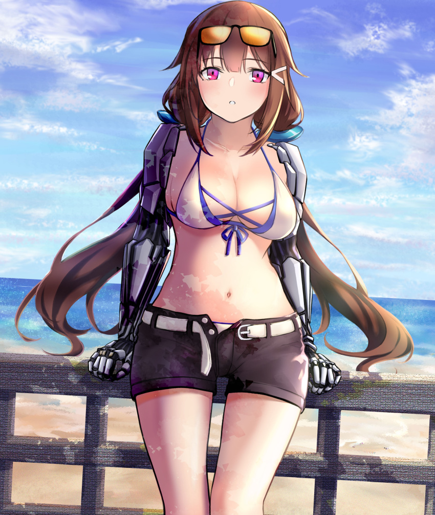 1girl 3_small_spiders absurdres beach belt bikini bikini_top blue_sky boardwalk brown_hair cowboy_shot denim denim_shorts girls_frontline highres js_9_(girls_frontline) long_hair mechanical_arms shorts sky solo sunglasses swimsuit very_long_hair violet_eyes