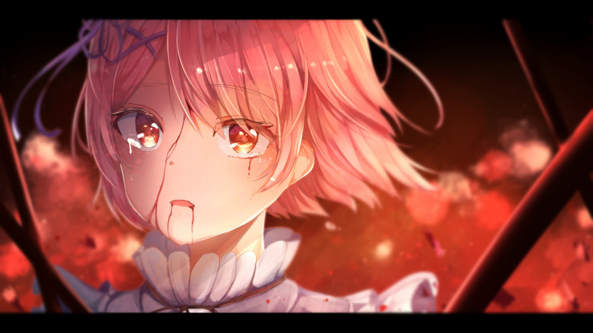 1girl bangs blood blood_from_mouth blood_on_face blurry blurry_background blurry_foreground commentary_request depth_of_field face fangxiang hair_ornament hair_ribbon highres letterboxed looking_at_viewer neck_ribbon open_mouth pink_hair purple_ribbon ram_(re:zero) re:zero_kara_hajimeru_isekai_seikatsu red_eyes ribbon shiny shiny_hair short_hair solo tears x_hair_ornament