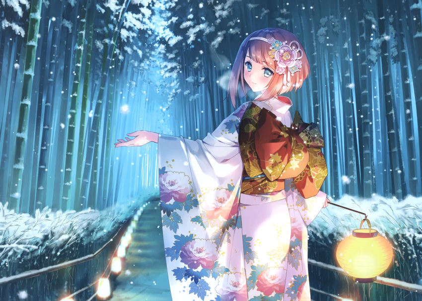 1girl absurdres alternate_costume ark_royal_(kancolle) bamboo bamboo_forest blue_eyes blush bob_cut carnelian eyebrows_visible_through_hair floral_print flower forest hair_flower hair_ornament hairband highres holding holding_lantern japanese_clothes kantai_collection kimono lantern long_sleeves looking_at_viewer looking_back nature obi outstretched_arms photoshop_(medium) redhead sash short_hair smile snow solo wide_sleeves