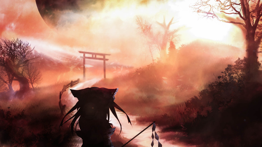 1girl akyuun bare_tree blurry blurry_background bow english_commentary engrish_commentary fence fog from_behind gohei hair_bow hakurei_reimu highres hill landscape planet red_sky road scenery silhouette sky solo sunset torii touhou tree upper_body wooden_fence
